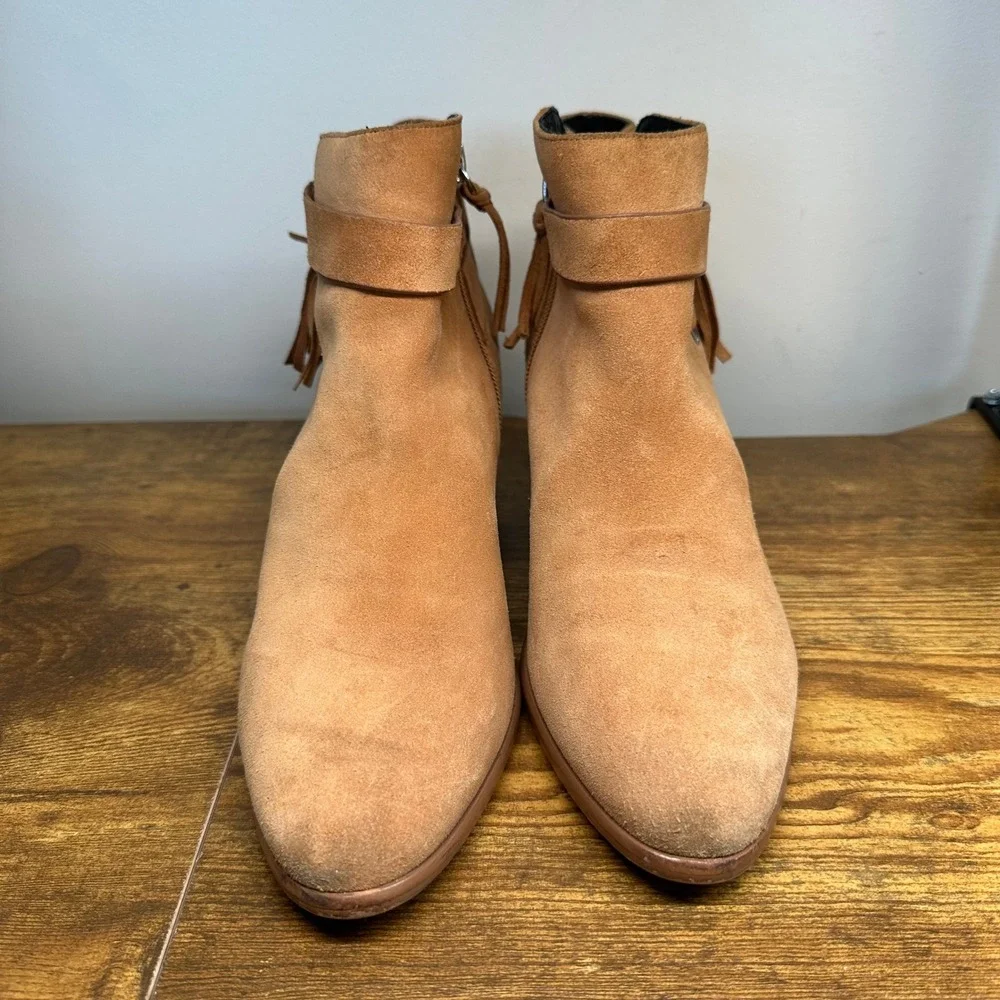 Rebecca‎ Minkoff Womens Tan Suede Fringe Ankle Boots Stacked Heel Size 8.5M